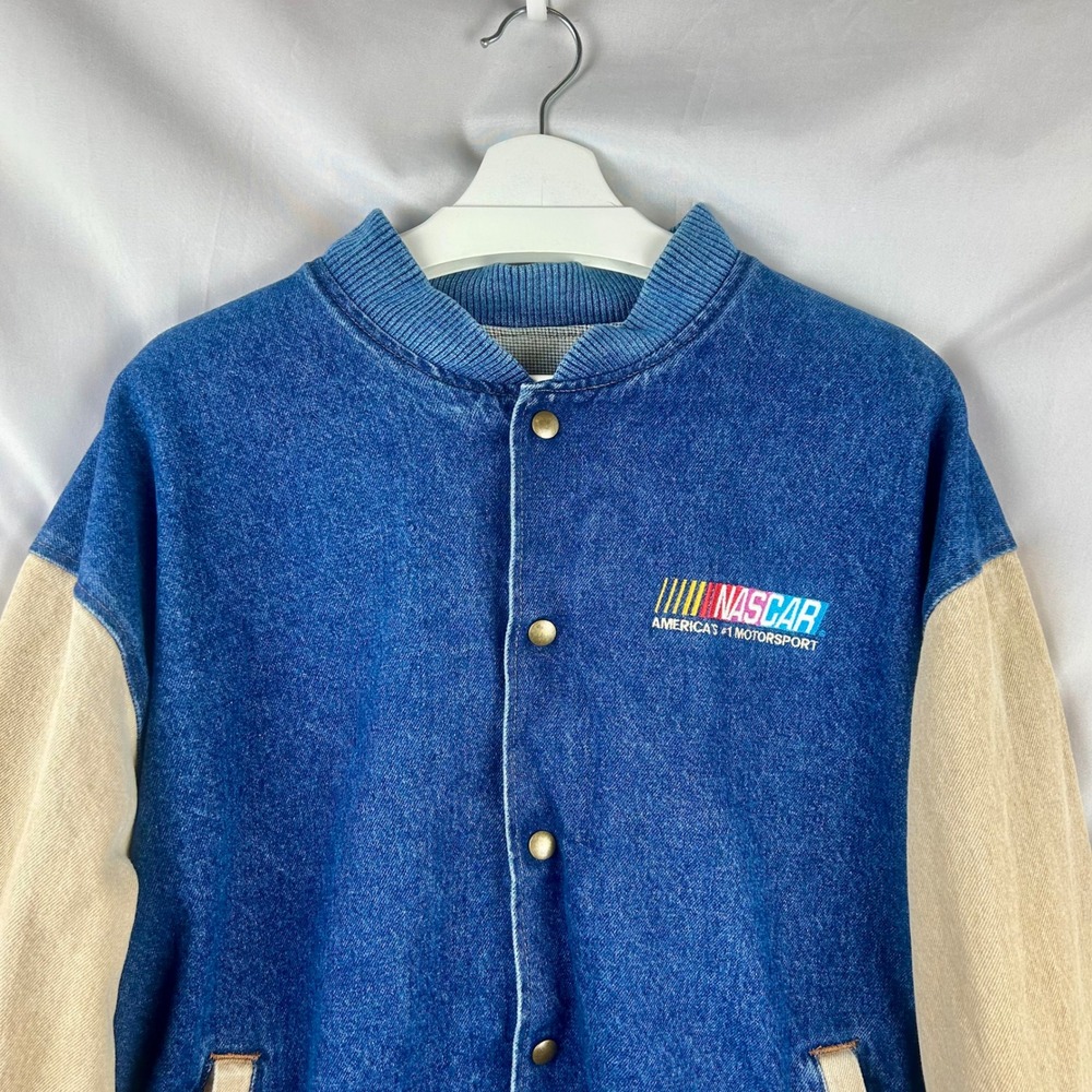 Vintage 90s NASCAR Three Rivers Denim Varsity Jacket Men Large Blue Tan USA Made - Picture 4 of 13